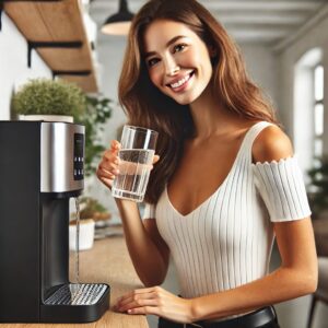 kobieta pijąca wodę z dystrybutora AMS WATER